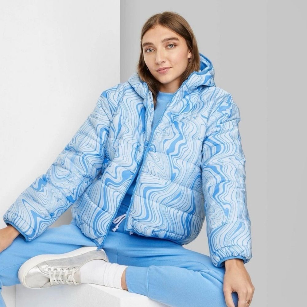 Wild Fable Blue White Swirl Print Hooded Puffer Jacket XS New With Tags